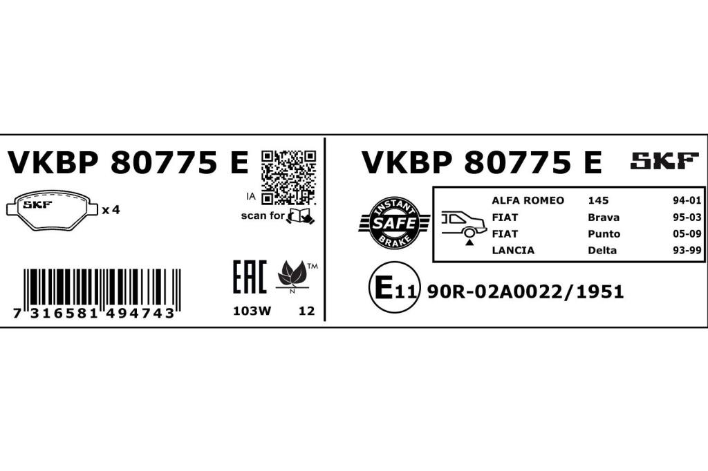 Jeu de 4 plaquettes de frein SKF ref. VKBP 80775 E